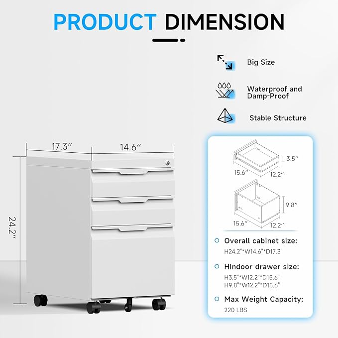 3 Drawer Mobile File Cabinet with Lock, Rolling File Cabinet with Wheels | Metal Small Filing Cabinet with Wheels for Home Office Storage, Fits Legal/A4/Letter/Document Size, Required Assembly, Black