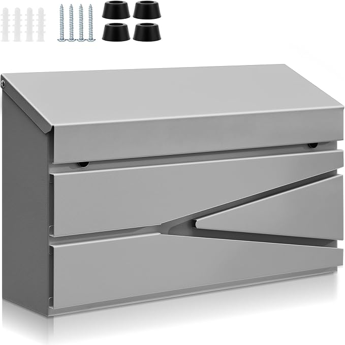 Yaocom Wall Mount Mailbox Large Capacity Mailbox for Outside Galvanized Steel Rustproof Metal Mail Drop Post Modern Collection Box Postbox 15.75" x 9.84" x 4.33", No Key Locking (Grey,No Flag)