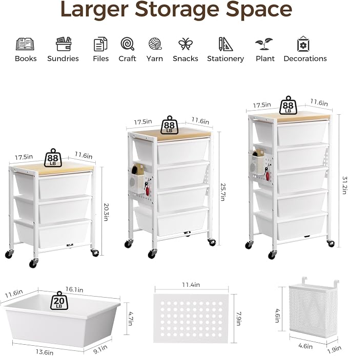 Rolling Cart with 3 Drawers, Plastic Drawer Storage Carts with Lockable Wheels & Wooden Tabletop, Metal Utility Cart Organizer, Office Bedroom Classroom Craft Organization and Storage, Bright White