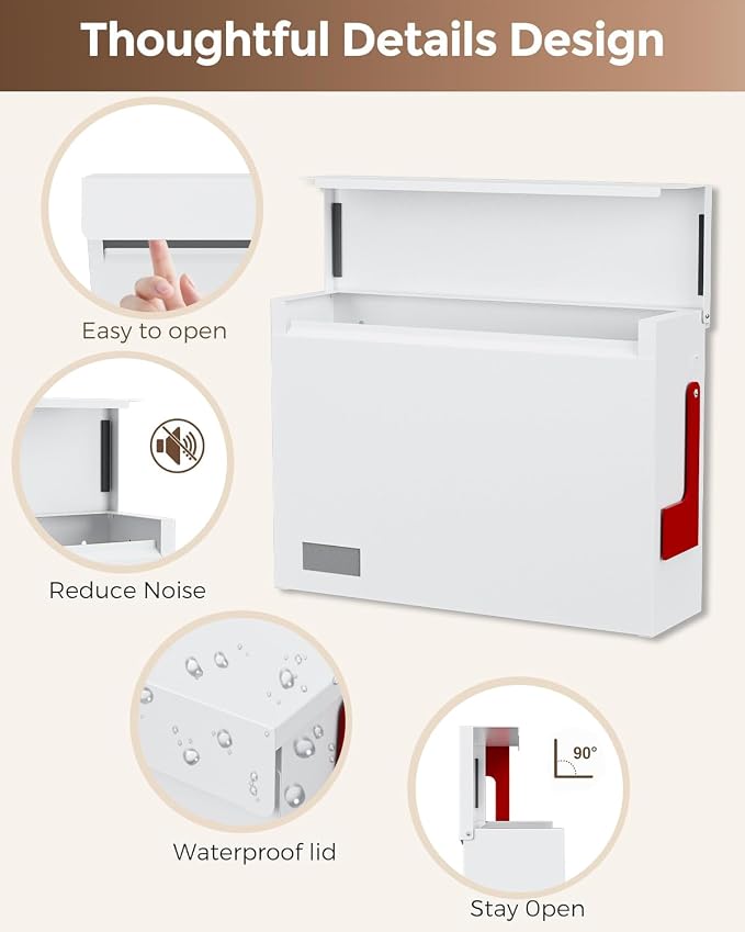 Modern Mailboxes for Outside, Metal Wall Mount Mailbox, with One Flag Kit and Three Sets of Mailbox Number Stickers, 3.9" D×14.2" W×10.2" H, Rust Resistant Coating Mail Boxes for House, White