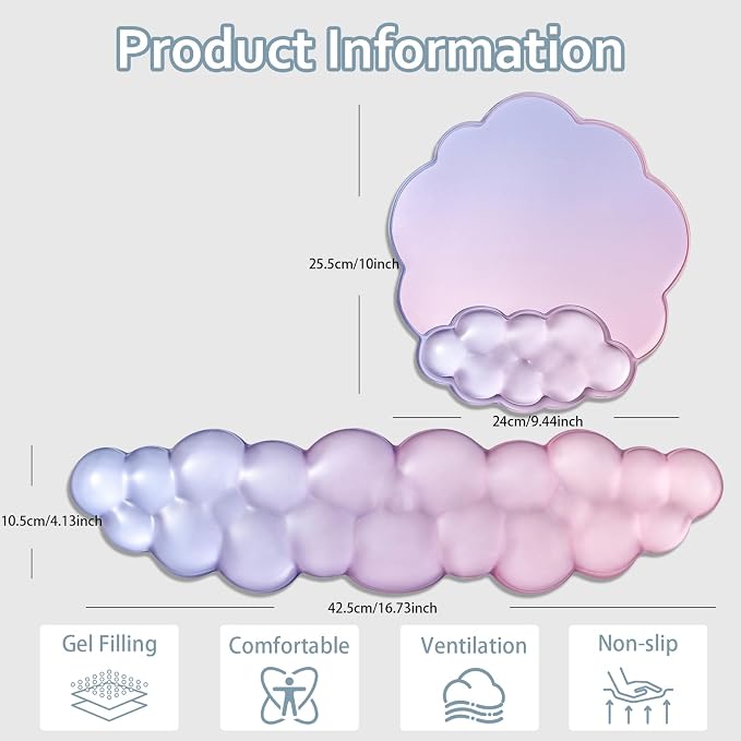 Gel Cloud Mouse Pad with Wrist Rest for Keyboard and Mouse - Gradient Purple Pink Ergonomic Cloud Mouse Pad Office Accessories for Computer/Laptop/Gaming/Home/Office/Typing Pain Relief