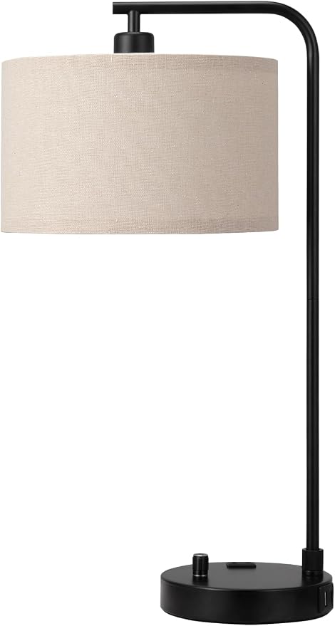20.7" Tall Table Lamp with USB & Outlet, Fully Dimmable Nightstand Lamp | Linen Lampshade, USB Port and Outlet, Black Desk Lamp for Bedside, Living Room, Guest Room, Home Office, LED Bulb Included