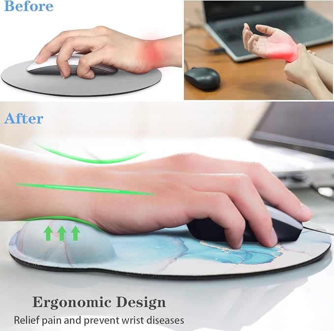 WAVEYU Ergonomic Mouse Pad with Wrist Support, Cool Round Mouse Mat, Non-Slip Rubber Base Mousepad for Laptop, Office Mouse Pad, Blue Marble