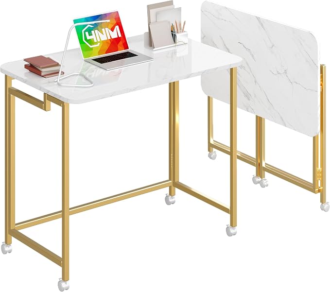 4NM 27.5" Mobile Small Rolling Computer Desk, Folding Laptop Cart Table with Wheels, Portable Office Desk for Small Space Couch Bed - White and Golden