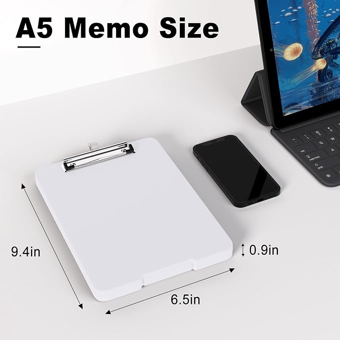 Hongri A5 Clipboard with Storage, Metal Retractable Pen Holder, White | 6 x 9'' Nursing Plastic Foldable Clip Board, Size 9.4 x 6.1 x 0.9 in, Menu Box for Work, Office & School Supplies