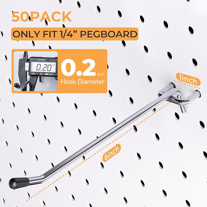 INCLY 50 Pack 6 Inch Pegboard Hooks with Rubber Tipped, 1/4" Heavy Duty | Peg Board Hooks Accessories,Peg Board Tool Hangers Fit 1/4" Pegboard, For Hanging Tools Garage, Craft Room, Kitchen, Store
