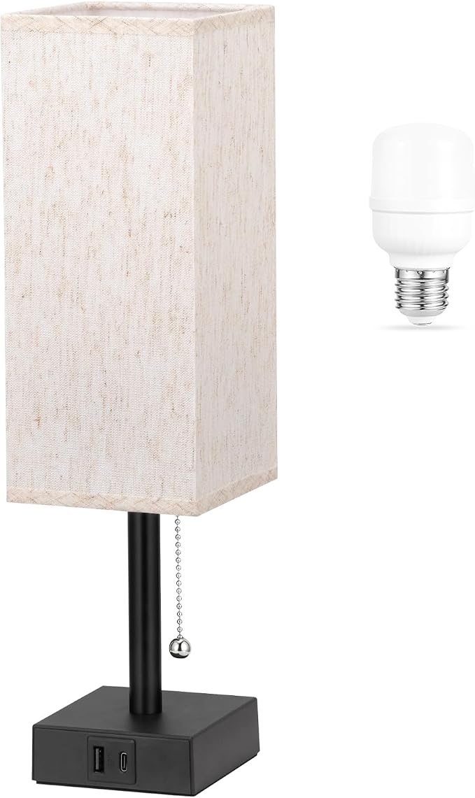 aooshine Pull Chain Small Table Lamp - 3 Color Temperature Bedside Lamp for Bedroom with USB Port, Minimalist Nightstand Lamp with Black Base, Desk Lamp for Kids Room Dorm, Bulb Included | Pull Chain Switch, LED Bulb Included, Cream Fabric Shade, 14.7"...