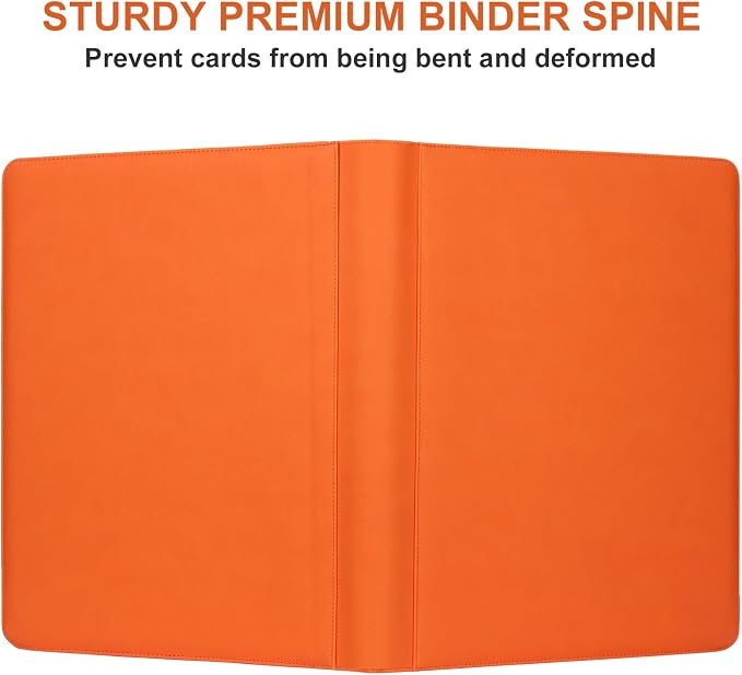 GEAoffice 16 Pocket Trading Card Binder for 1000+ Cards, Ringless Side-Loading 4x4 Card Binder with Zipper Closure, PU Leather 1024 Card Binder for MTG/TCG/Baseball/Sports&Game Cards, Orange