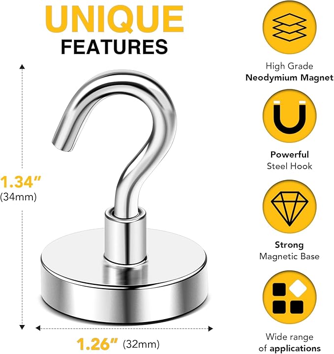 DIYMAG Magnetic Hooks, 120lbs 10pcs Cruise Cabin Essentials Heavy Duty N52 | Strong Neodymium Rare Earth Magnets, for Kitchen, Classroom, Beach, Cruise Cabins, Refrigerator, Hanging Key Clothes Wall Hat