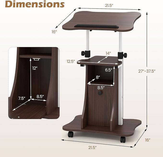 Tangkula Rolling Lectern Podium Stand, Height Adjustable Laptop Table with Tilting Tabletop & Storage Shelves, Compact Standing Desk with Lockable Casters for Home Office School (Brown)