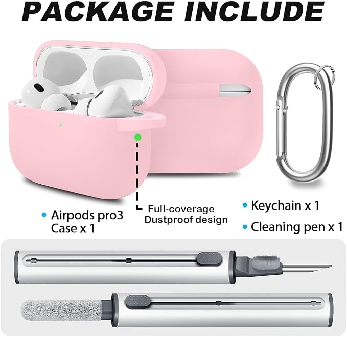 Full-Coverage dustproof Design for AirPods Pro 3 Case Cover with Cleaner Kit, Soft Silicone Cover for AirPods Pro 3rd Generation Comes with Keychain,Suitable for 3rd Generation,Pink