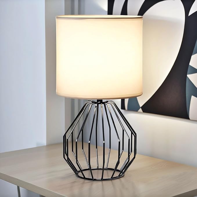 Small Table Lamp Black, Modern Minimalist Desk Lamp with Metal Base White Fabric Shade, Bedside Nightsand Table Lamp for Bedroom, Living Room, Kids Room