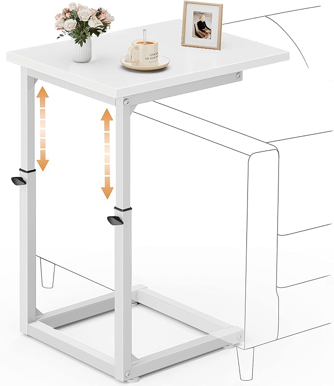 C Shaped End Table, 33"C Table End Table Adjustable Height, Small Side Table for Couch, Tv Tray Table for Small Spaces, Couch Table That Slide Under, Sofa Table for Living Room,Bedroom, White