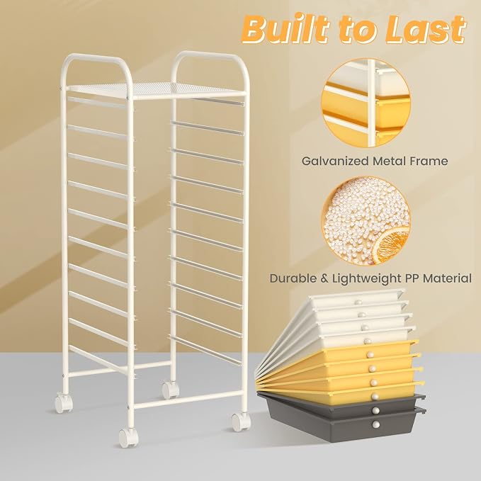 COSTWAY 10-Drawer Rolling Storage Cart, Utility Mobile Trolley | Removable Drawers & Universal Casters & 2 Brakes, Versatile Flexible Drawer Organizer Cart for Home, Office (Yellow)