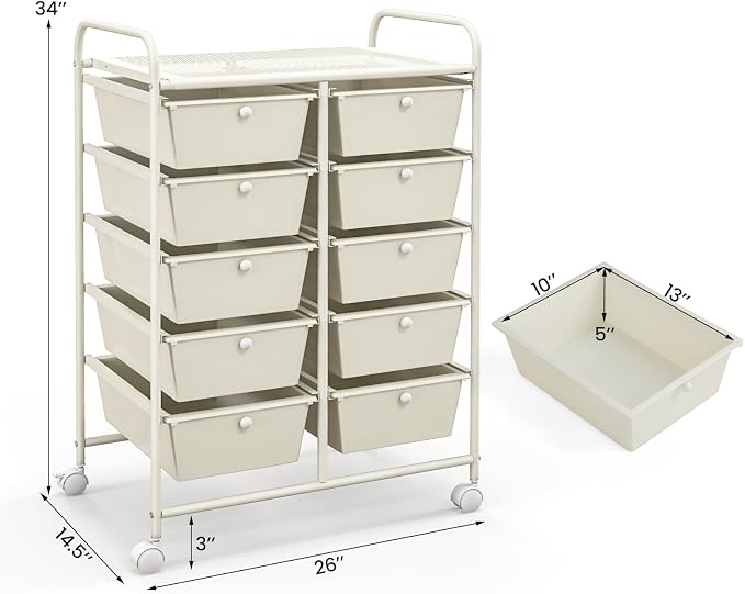 BECOMFORT 10-Drawer Rolling Cart with Drawers, Storage Cart on Wheels, Teacher Classroom Organizers with Metal Frame, Mobile Craft Cart, Trolley Utility Cart for School Office Play Room