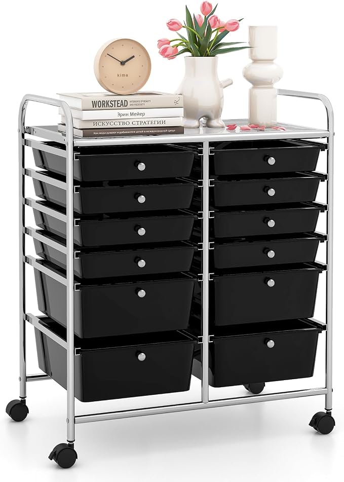 12 Drawer Rolling Storage Cart, Craft Cart Organizer on Wheels w/Metal Frame, Large Capacity & Smooth Drawer, Rolling Cart w/Drawers for Classroom, Office