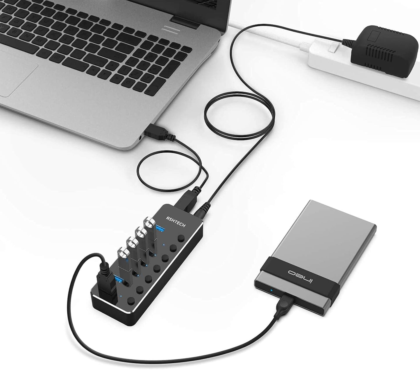 USB 3.0 Hub, RSHTECH 7 Port Powered USB Hub Expander Aluminum USB 3.0 Data Port hub with Universal 5V AC Adapter and Individual On/Off Switches USB Splitter for Laptop and PC(Black)