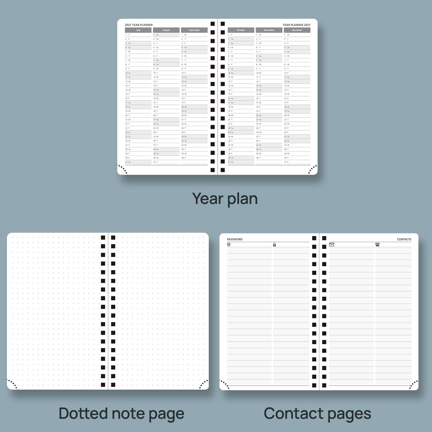 POPRUN 2026 Planner Weekly Notebook (Jan-Dec), Small Size 4''x 6.25'' - 2026 Pocket Calendar for Purse with Spiral Soft Cover, Plastic Ruler, Inner Pocket, 100 GSM - Black