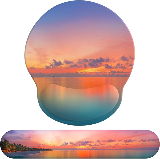 Mouse Pad Wrist Support, Ergonomic Memory Foam Keyboard Wrist Pad & Gel Wrist Rest Set for Computer Keyboard for Easy Typing & Pain Relief for Office & Home (Oceanic Sunset Set)