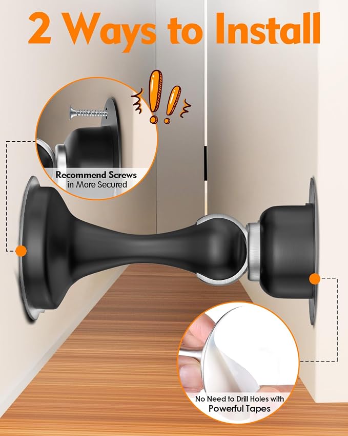 Door Stoppers Magnetic Door Catch - 2 Pack Stainless Steel Heavy Duty Door Holder Stops for Bottom Top of Door - Wall Floor Mounting No Drill 3D Adhesive & Screws Strong Magnet Keep Door Open