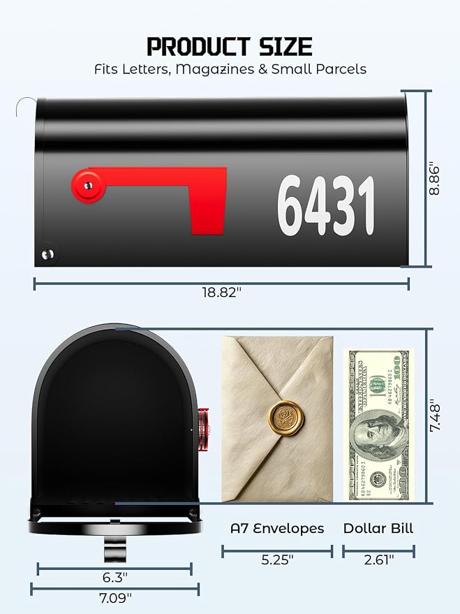 AZUNO Mailboxes for Outside, Black Metal Post Mount Mailbox with Red Flag & Address Numbers, Medium Capacity Mailbox for House,Galvanized Steel,19 * 8.9 * 7.1 inches