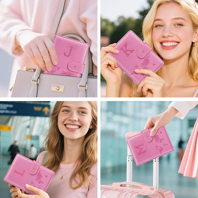 Passport Holder Cover Initial Letter A-Z Travel Wallet Personalized | Travel Essentials, Embossed Design, RFID Blocking, Personalized Gift, Passport Book Holders for Women Girls, Pink-J
