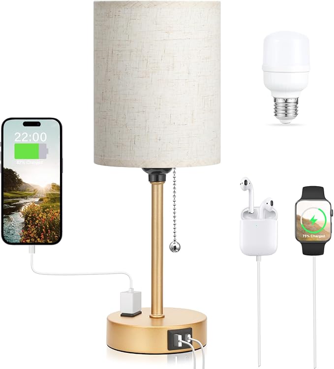 Small Bedside Table Lamp for Bedroom, Desk Lamp with USB Ports for Dorm | USB A+C Ports, AC Outlet, 3 Color Temperatures, LED Bulb Included, Linen-Fabric Shade, Gold Brass Base, 14" Night Stand Lamp