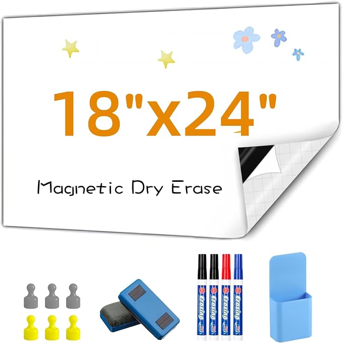 Magnetic Dry Erase Board Contact Paper 18"x24" for Wall | Stick on magnetic white boards for walls. Magnet receptive magnetic board for wall holds magnets.