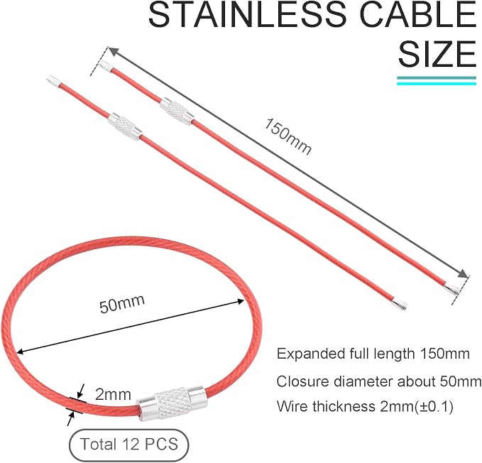 CooBigo 12 Pack Stainless Steel Loops 2mm Coated Wire Keychain Cable Large Key Rings 6 inch Key Chain for Women, Luggage Tags, Key Tags, Keyrings, Kitchen Utensils, Duster - Red