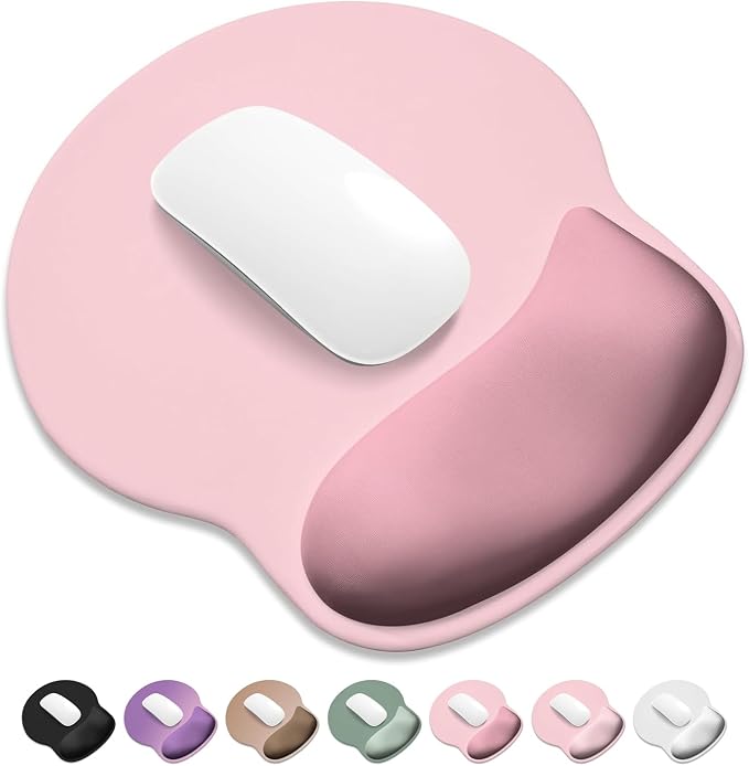 ITNRSIIET Ergonomic Mouse Pad with Wider Memory Foam Wrist Rest +17% - Curved Cushion Reduces Pressure 20%, Pain Relief, Non-Slip, Smooth, Cute Colors, 9.85 x 9 in, Pink Accent