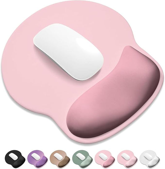 ITNRSIIET Ergonomic Mouse Pad with Wider Memory Foam Wrist Rest +17% - Curved Cushion Reduces Pressure 20%, Pain Relief, Non-Slip, Smooth, Cute Colors, 9.85 x 9 in, Pink Accent