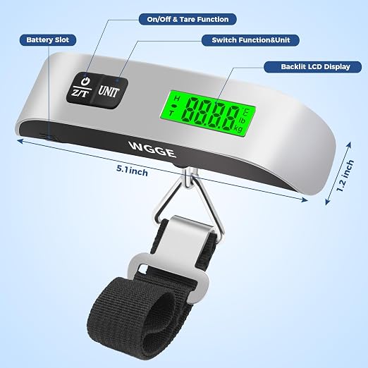 Digital Luggage Scale, WGGE Travel Luggage Weight Scale, Max 110lbs/50kg Baggage Scale with Backlit LCD Display