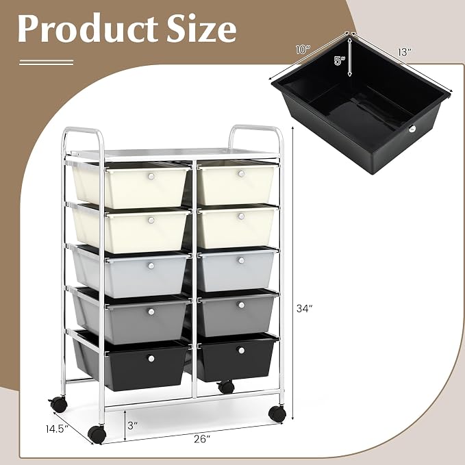 RELAX4LIFE Rolling Storage Cart with 10 Drawers - Craft Storage Cart with Lockable Wheels,Utility Cart, Art Cart Organizer for Crafting Storage, Studio, Office, Home, School Rolling Drawer Cart