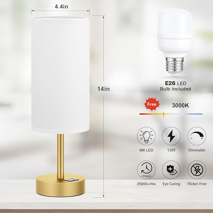 Dicoool Bedside Table Lamp for Bedroom - 3-Way Dimmable Touch Lamp, USB A+C | LED Bulb Included, 14" Small Nightstand Lamp for Desk, Living Room, Guest Room, White Fabric Lampshade, Gold Metal Base