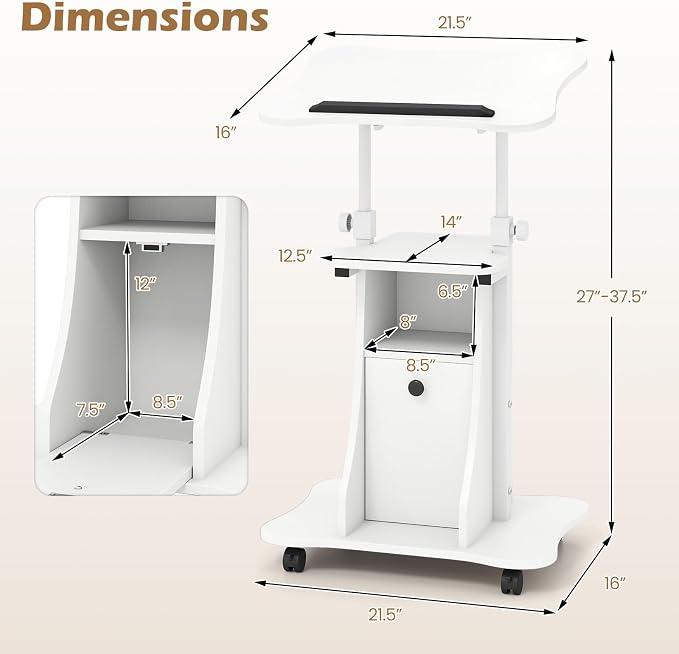 Tangkula Rolling Lectern Podium Stand, Height Adjustable Laptop Table with Tilting Tabletop & Storage Shelves, Compact Standing Desk with Lockable Casters for Home Office School (White)