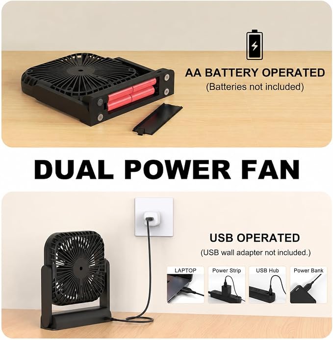AA Battery and USB Operated Fan, Long Lasting, Quiet, Small Portable Desk Fan for Bedroom, Kitchen, Office, Travel. Built-in Magnet Base. (Black)