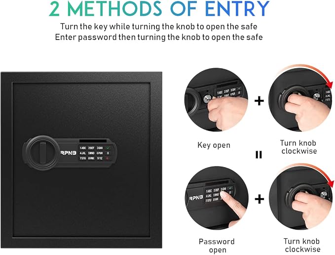 RPNB Small Home Safe Box,Personal Safe,Metal Money Safes for Home,1.2 CuFt | Digital Cash Safe with Keys,Electronic Code Lock,Steel Alloy Small Cabinet Safe for Money,Home,Office,Hotel,Business,Jewelry