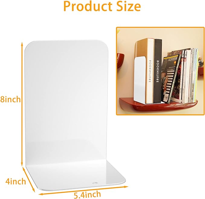 VFINE Bookends 1 Pair, White Metal Book Ends, Bookends for Shelves, Book Stopper for Heavy Books, Book Dividers for Home Office