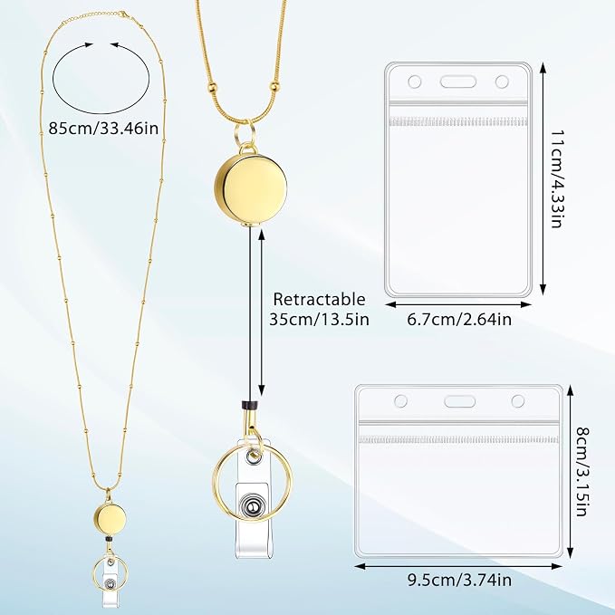 Lanyards for ID Badges Gold Stainless Steel Badge Lanyards with 2 Pcs Waterproof Id Badge Holder Retractable Id Badge Lanyards Teacher Lanyard for Cruise Ship Key Cards Id Badges