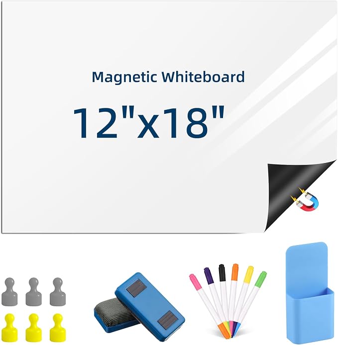 Magnetic Dry Erase Whiteboard 12"x18" for Fridge | Dry erase white board for fridge set with markers, eraser & magnets. Magnetic sheet sticks to fridge whiteboard