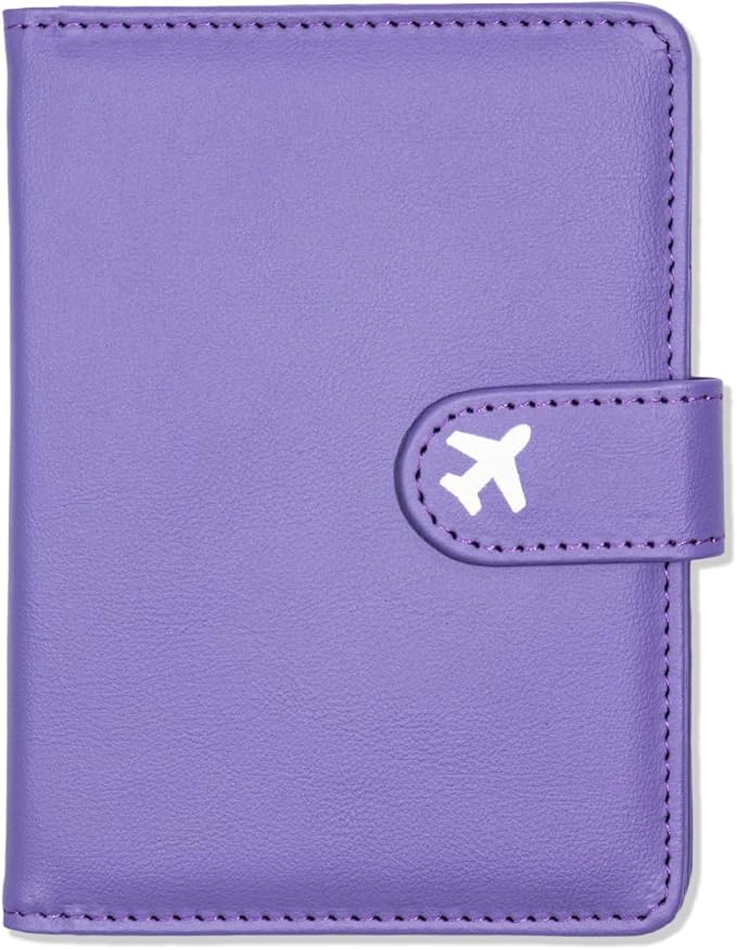 Passport Holder, Cute Travel Wallet Cover with RFID Blocking,Purple | PU leather travel wallet with magnetic closure, card slots, pen loop, and easy access for passports and essentials.