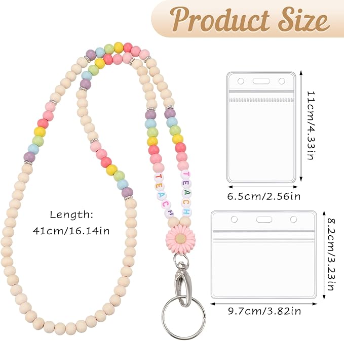 Teacher Lanyard for ID Badges Wooden Beaded Lanyard with ID Holder for Teachers Doctors Office Staff in Schools, Hospitals, and Workplaces Carrying Keys or Access Cards (Pink)