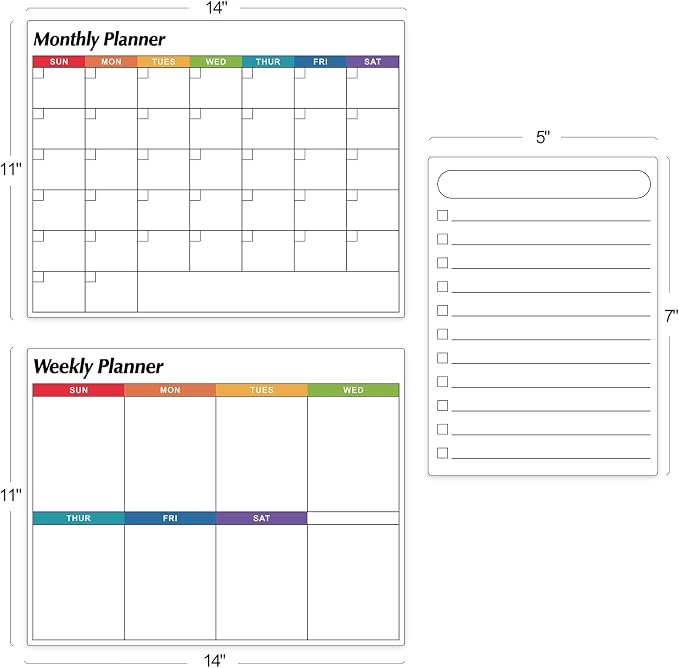 Dry Erase Magnetic Calendar for Refrigerator, 3 Pack- Monthly & Weekly & Daily Planner Magnet Whiteboard for Fridge Wall Door - Shopping, Meal/Menu, To Do List, Family Schedule Planning Board, 14"x11"