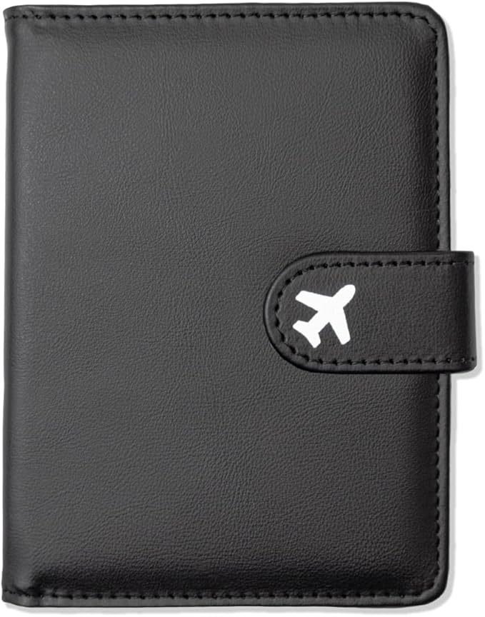 Passport Holder, Cute Travel Wallet Cover with RFID Blocking,Black | PU leather travel wallet with magnetic closure, card slots, pen loop, and easy access for passports and essentials.