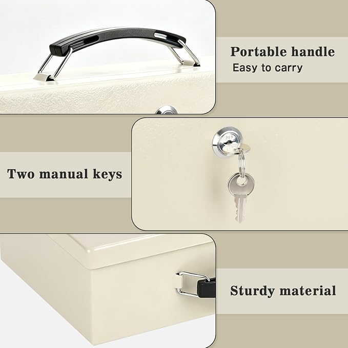 xydled Fireproof Document Box with Key Lock, Fire Safe Box, White | Fire and water resistant lock box for documents, passports, cash and valuables, keeping secure at home, 12.8 x 8.5 x 4.5 Inch