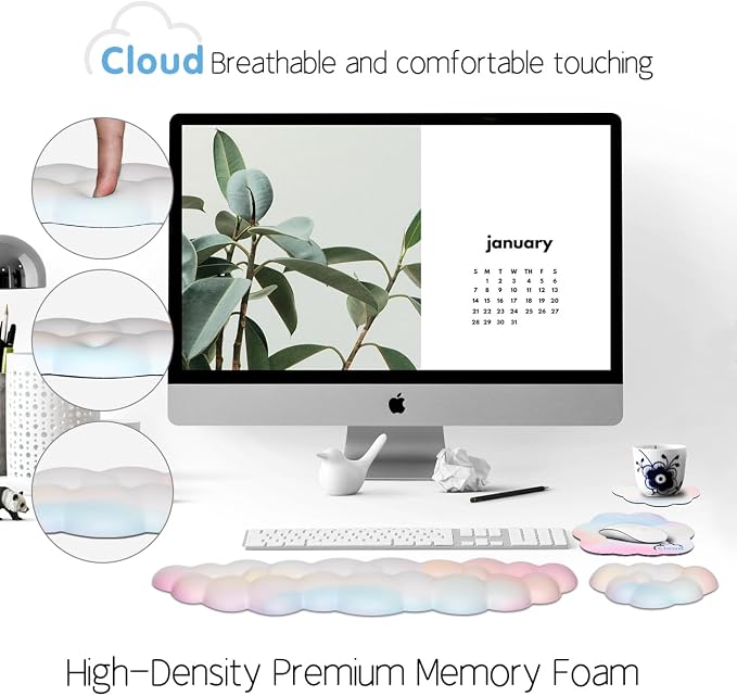 4 in 1 Ergonomic Leather Cloud Wrist Rest Keyboard and Mouse Pad & Coaster | Full 4-Piece Set, Non-Slip PU Base, Soft Memory Foam Comfort For Long Work/Gaming Hours, Cute Desk Decor, Easy To Clean
