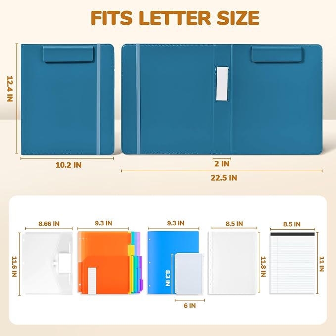 JoyCat 3 Ring Binder Clipboard with Storage, 5 Folders, Dark Blue | 3 ring clipboard portfolio combines five expandable folders, a refillable letter size notepad and storage