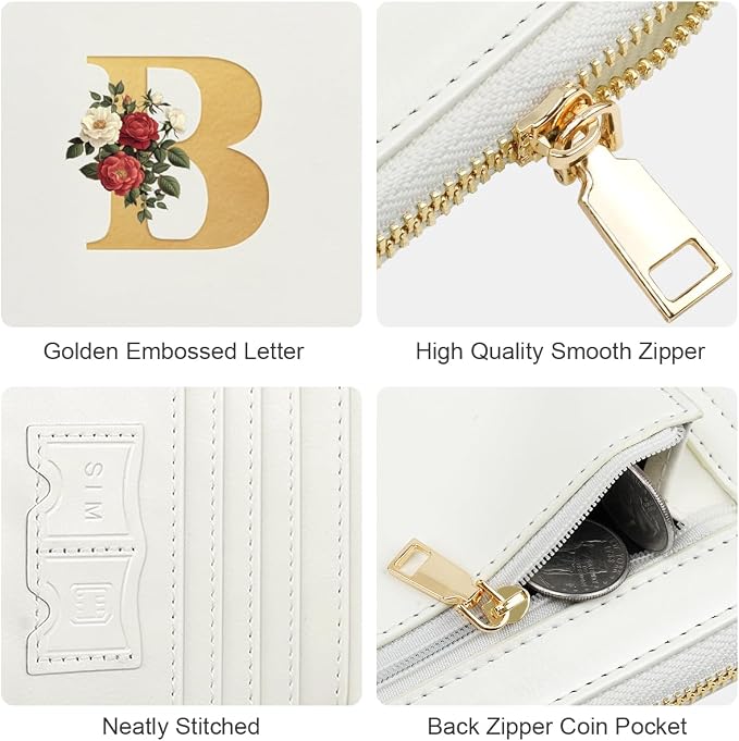 Passport Holder for Travel Personalized Wallet with Wristlet Women | All-in-One Passport Cover, RFID Blocking, Back Coin Pocket, Paper Money Slot, Zipper Closure, Roses Initial Letter, White B