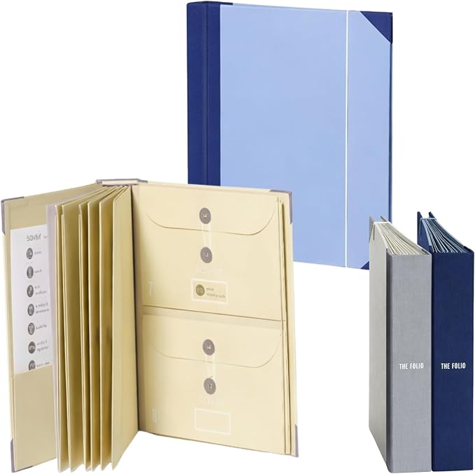 The Folio® Important Document Organizer by Savor | Binder with Guided Labels, Acid-Free File Folder Organizer with 10 Pockets, Document Holder for Home Records, Legal and Medical Papers (Slate/Blue)