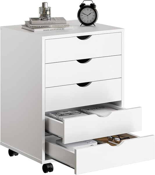 OLIXIS 5 Drawer File Cabinet, Under Desk with Storage Cabinet | Wood Under Desk Storage Organization Holds Printer, Office Supplies, Not For Hanging Files, Fit Home Office White